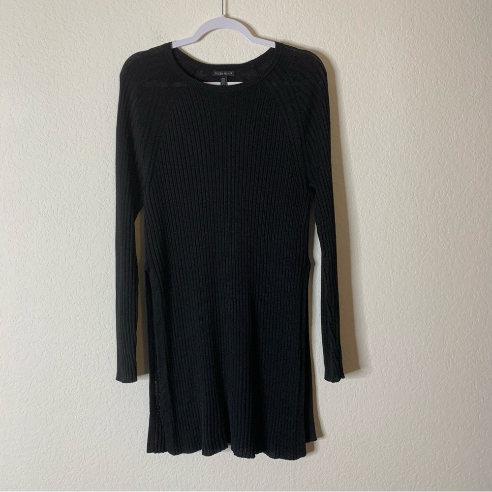 Eileen Fisher Black Long sleeve ribbed linen blend  tunic M
